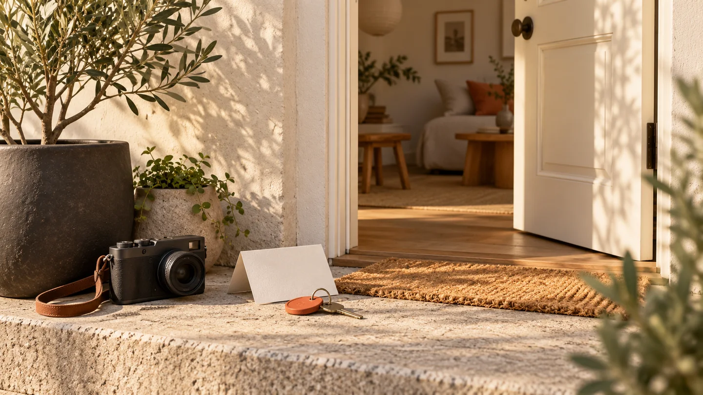 An open apartment doorway, camera and coral key evoke early host visits.
