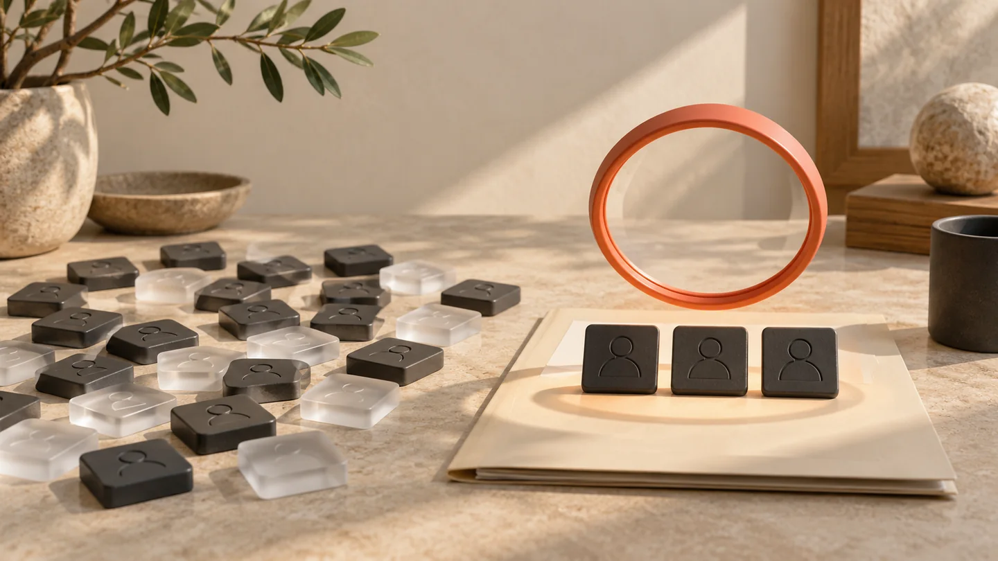 A coral lens focuses a scattered set of investor tiles into a shortlist.