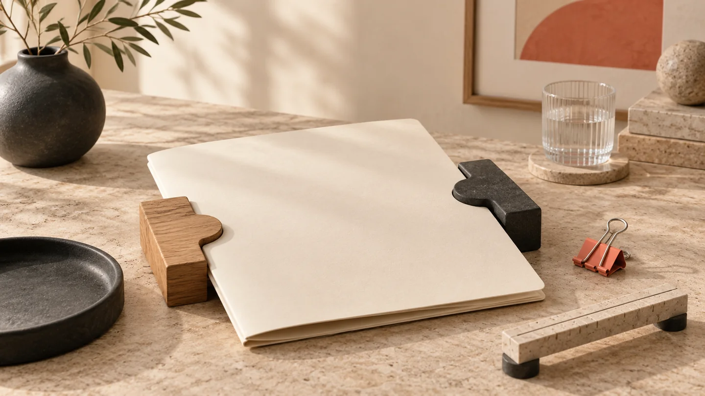An open folio and two interlocking forms represent a shared trial brief.