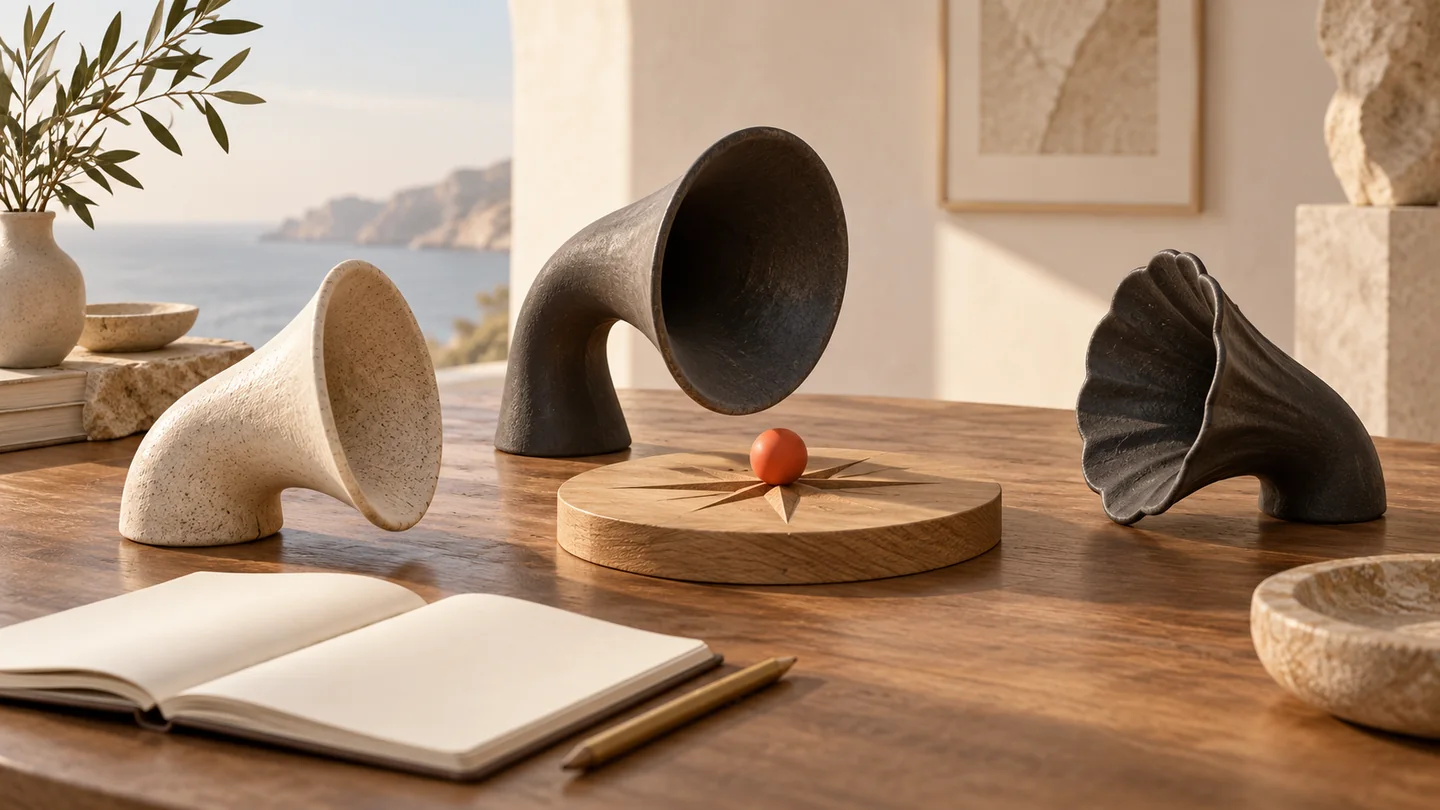 Three listening forms surround a single decision pivot and an open notebook.