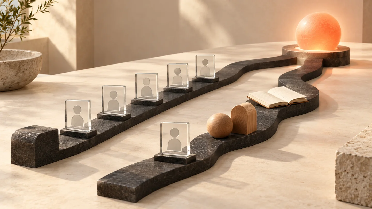 Two sculptural pathways join at a coral sphere, connecting investor tiles and founder resources.