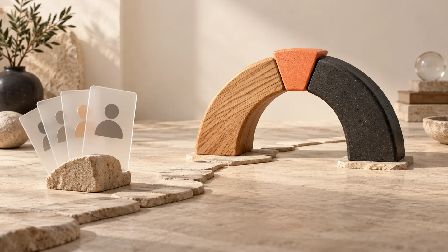 Profile tiles lead to two interlocking forms supporting a shared keystone.