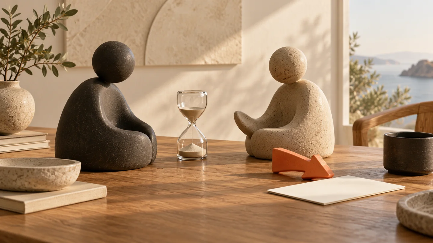 Two conversation forms, a small hourglass and a coral pointer frame a decision card.