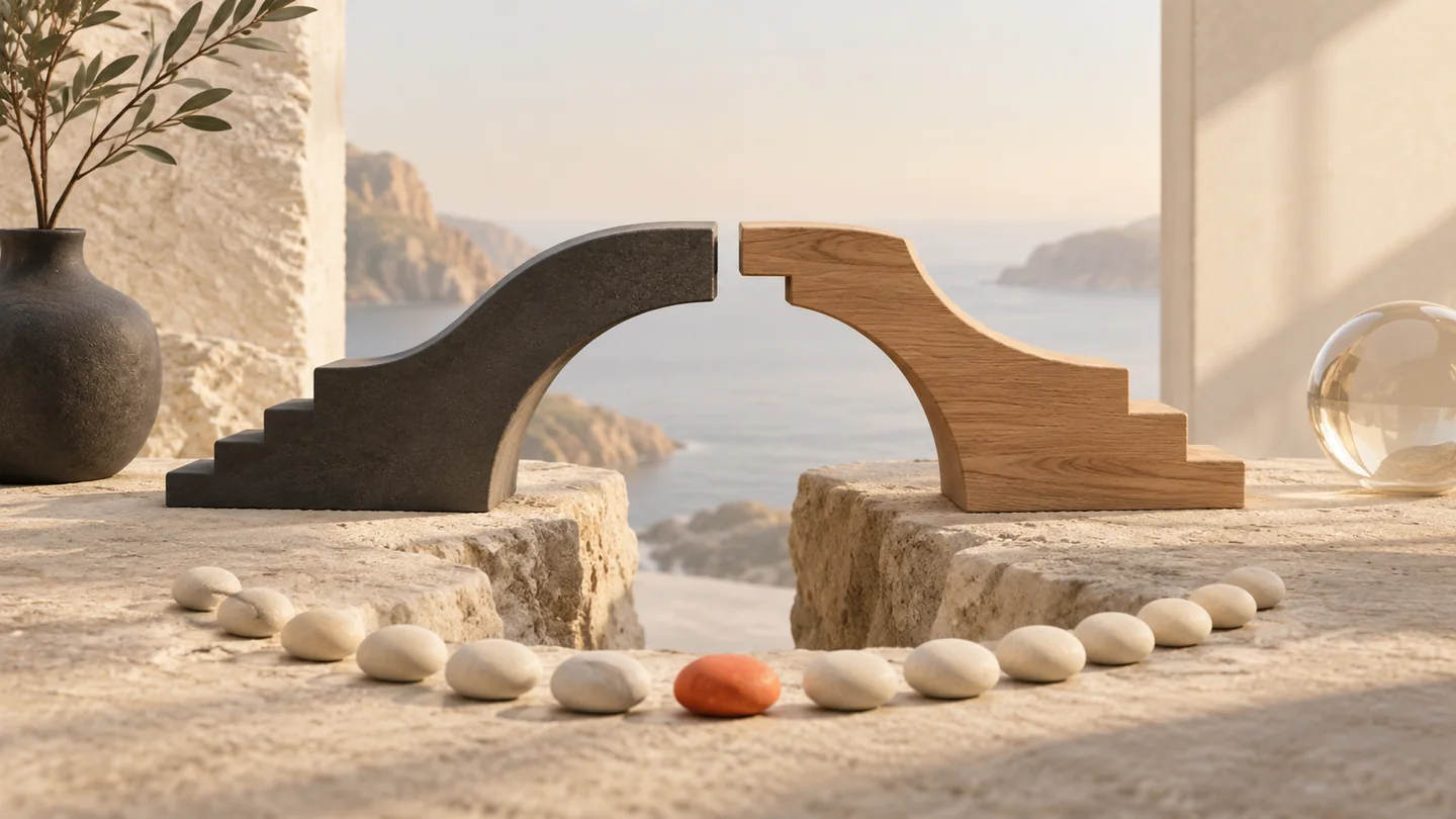 Two complementary forms assemble a bridge alongside a fourteen-day marker arc.